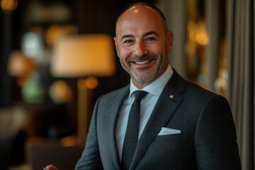 Fototapeta premium Portrait of a smiling man in a dark suit, possibly a business executive or hotel manager, in a luxurious setting.