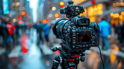 Professional camera on tripod capturing city street scene.
