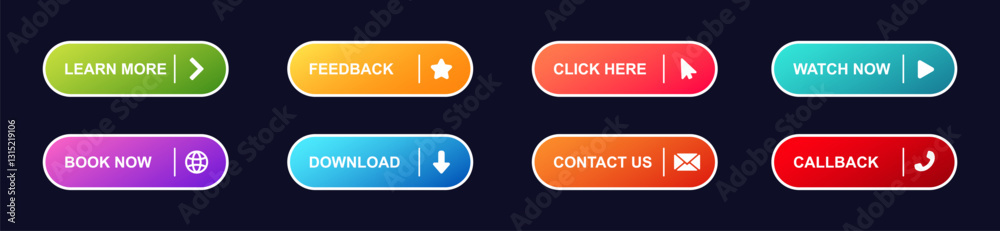 Poster set of colorful buttons with action words and icons for online platforms and websites.