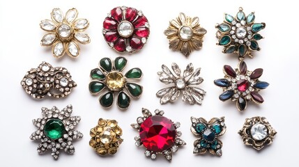 A collection of vintage brooches with rhinestone embellishments on a white isolated background