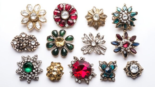 A collection of vintage brooches with rhinestone embellishments on a white isolated background