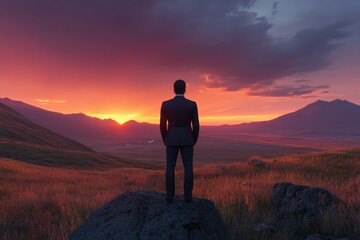 Obraz premium A businessman stands on a rock, contemplating a vibrant sunset over a vast mountainous landscape.
