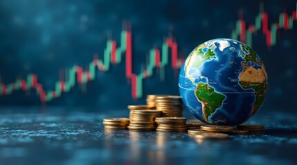 The global cryptocurrency market and raising securities prices. Stacks of coins against the background of a price graph and globe.