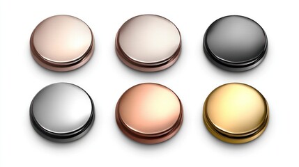 Six round metallic buttons in various colors.