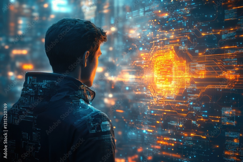 Poster a futuristic cityscape backdrop, a person gazes at a glowing digital interface, representing technol