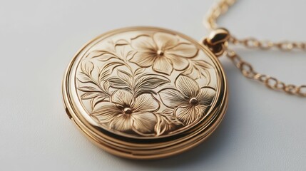 Naklejka premium A close-up of a vintage gold locket with floral engraving on a white isolated background