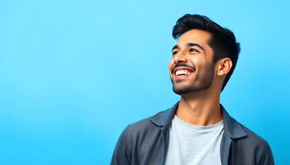 Obraz premium Adult hispanic man over isolated background looking away to side with smile on face, natural expression. Laughing confident, flat design. with white shades