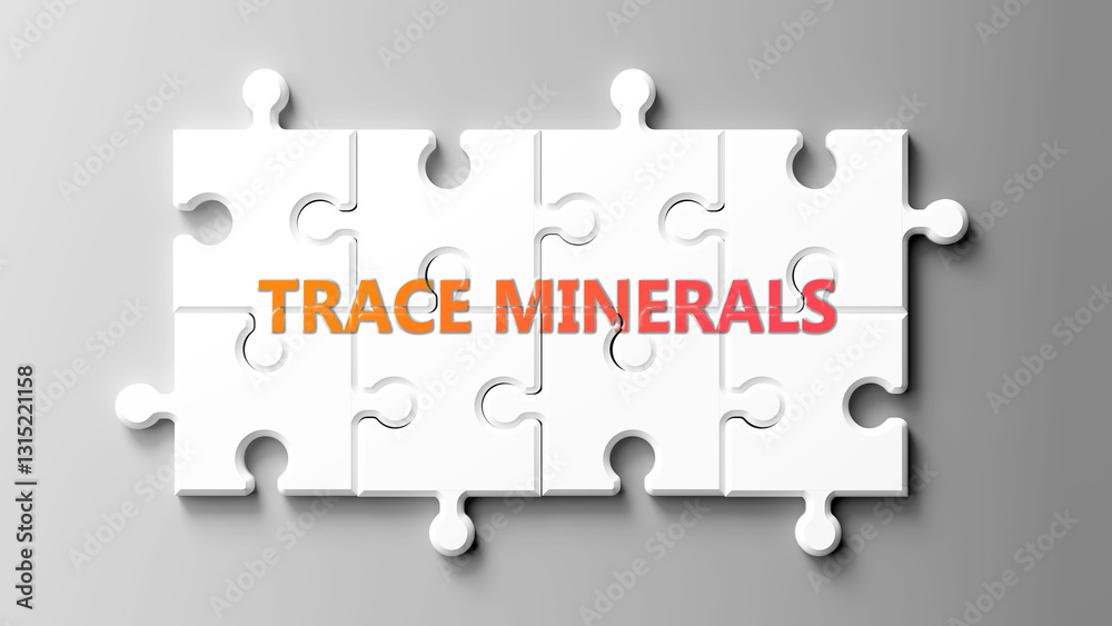 Poster trace minerals complex like a puzzle - pictured as word trace minerals on a puzzle pieces to show th
