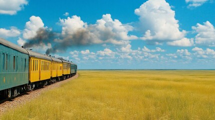 Fototapeta premium Vintage train travels across golden savanna under blue sky