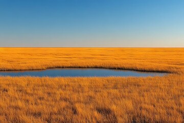 Golden Meadow Landscape with Calm Pond at Sunrise