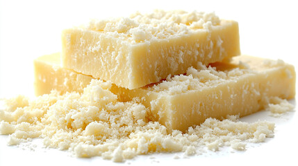 Naklejka premium Stacked cheese blocks, grated cheese