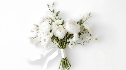 Realistic minimalist bouquet featuring a monochromatic arrangement of white roses, peonies, & ranunculus, white background