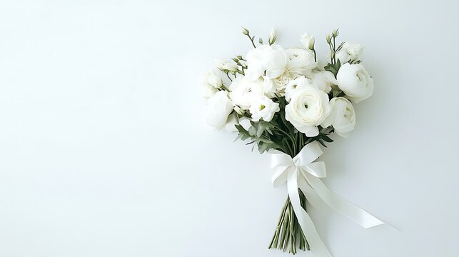 Realistic minimalist bouquet featuring a monochromatic arrangement of white roses, peonies, & ranunculus, white background