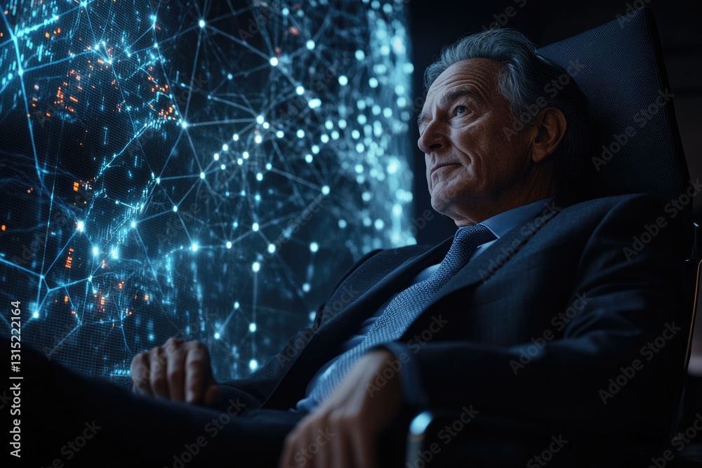 Aufkleber a pensive senior executive contemplates a complex global network visualized on a futuristic screen.