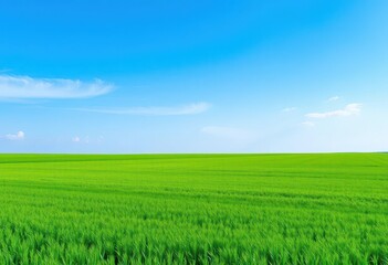 Fototapeta premium Vast emerald field stretches to a flawless azure sky, space, rural