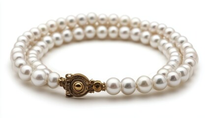 Obraz premium A close-up of a vintage pearl necklace with a gold clasp on a white isolated background