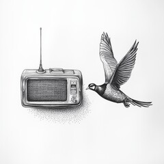Obraz premium Flying bird beside a vintage radio showcasing a blend of nature and technology
