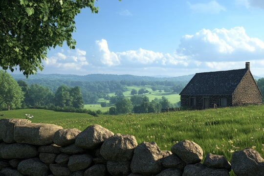 Idyllic Country Cottage, Sunny Meadow, Rolling Hills, Peaceful Landscape