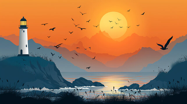 Coastal landscape at sunset with lighthouse and birds. Dramatic sunrise or sunset over a tranquil ocean scene with mountains and birds flying.