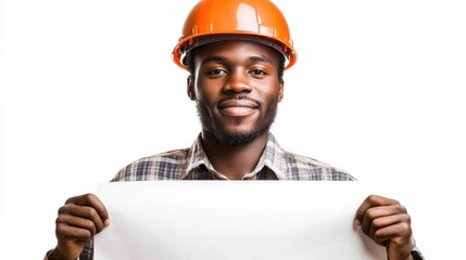 A construction worker wearing a hard hat and holding a blueprint with a confident expression on a white isolated background