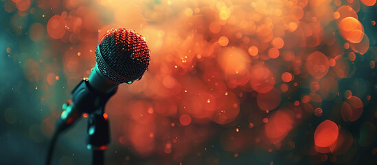 Close-up of a microphone on a stage with a warm bokeh effect.