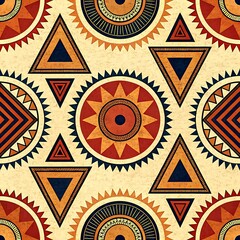 Geometric african tribal pattern seamless design texture red sun art boho dark retro beige brown