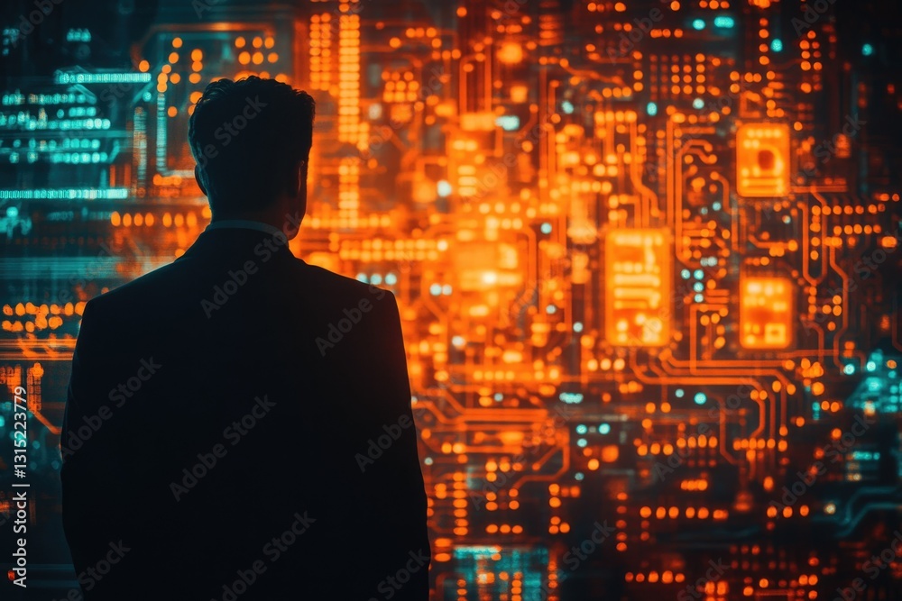 Poster A businessman stands before a large screen displaying complex digital circuitry, symbolizing technological advancement and data analysis.