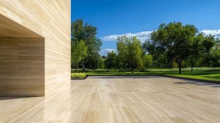 Modern Architectural Design with Travertine Facade and Expansive Lawn