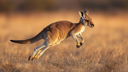 Kangaroo leaps over dry grass. Animal is brown. Wildlife scene in a field. Mammal moves in nature.