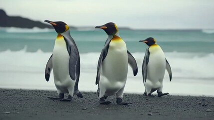 Fototapeta premium Majestic King Penguins Stroll on Antarctic Beach