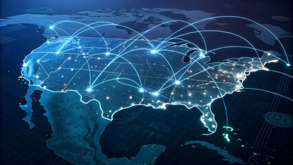 An illustrative representation of the United States of America overlaid with a network of glowing lines connecting various points.