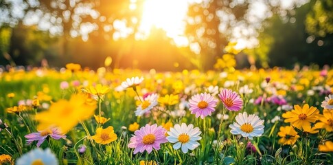 Fototapeta premium A stunning spring meadow adorned with grass and flowers under a sunny sky, perfect for banners, spring-themed designs, nature projects, backgrounds, greeting cards, and floral marketing materials