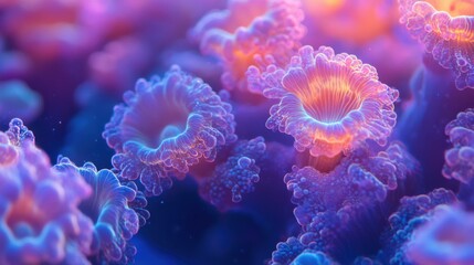 Obraz premium Purple coral reef with bright orange. Marine life, ocean plants. Underwater nature, colorful flora.