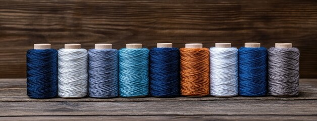 Colorful spools of thread are arranged neatly, showcasing vibrant shades and textures beside a sewing machine in a crafting space