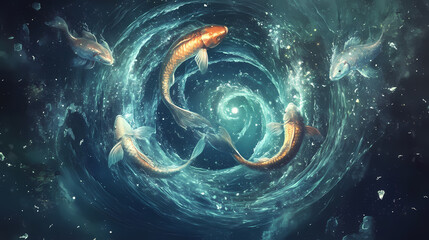 Astrological composition with concept of pisces zodiac sign symbol. Arcane - Portal. Illustration