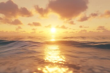 Obraz premium Beautiful Orange Sunset Over Calm Ocean Waves and Soft Clouds