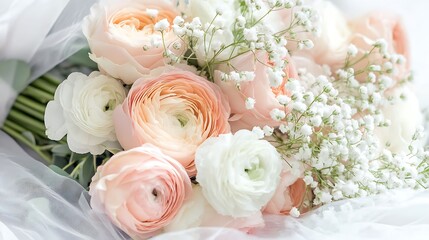 Obraz premium Realistic romantic pastel bouquet with soft pink ranunculus, creamy garden roses, & delicate baby's breath, white background