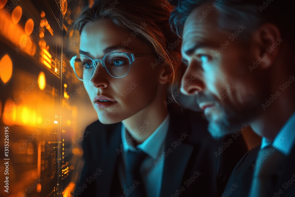 Aufkleber a man and woman in business attire intently analyze data displayed on a futuristic screen, showcasin