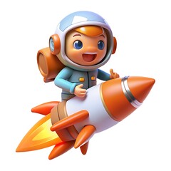 A Cheerful Astronaut Child Soaring On A Vibrant Rocket, Embarking On A Joyful Space Adventure With Bright, Playful 3d Rendering Style