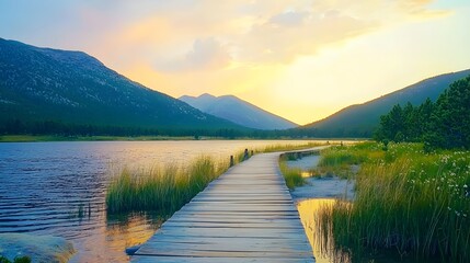 Obraz premium Serene Sunset Over Mountain Lake During Golden Hour in Soft Light