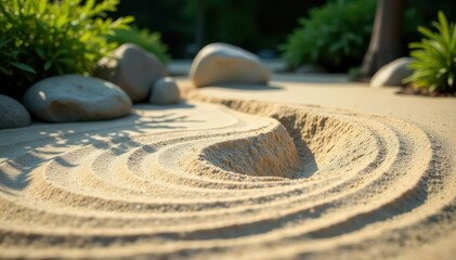 Obraz premium Raked sand, yin yang, feng shui; textured zen garden scene, detail, zen garden, texture
