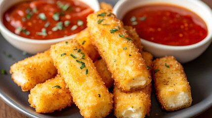 Mozzarella sticks fried to a golden crisp, paired with a side of tangy sweet and sour sauce, the perfect combination for a savory snack.