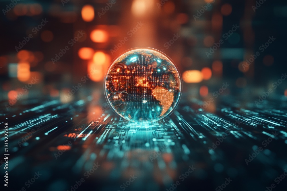 Poster glowing digital globe surrounded by pulsating data streams in a futuristic abstract environment