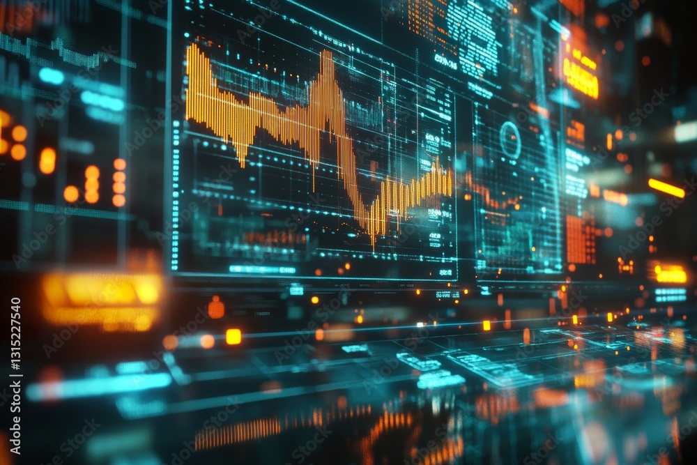 Poster dynamic digital data visualization interface with colorful graphs and analytics in futuristic style