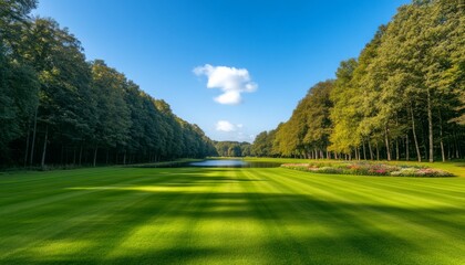 Obraz premium Lush green lawn, manicured garden, serene lake, sunlit forest, perfect for relaxation