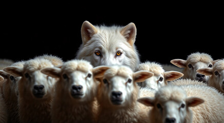 Fototapeta premium A white wolf blends in with a flock of sheep, creating a striking visual contrast. The wolf's piercing gaze adds a mysterious and dramatic element to the scene.