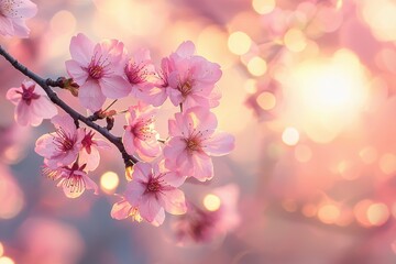 Naklejka premium Captivating cherry blossoms basking in peaceful morning light