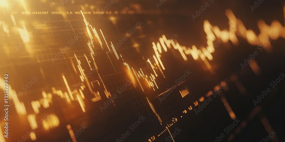 Poster dynamic financial data visualization with abstract graph lines and golden glow effects