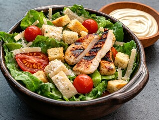 Fresh caesar salad with grilled chicken and juicy cherry tomatoes served in a rustic bowl on a wooden table