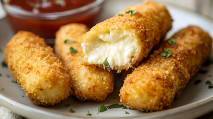 Fototapeta premium Mozzarella sticks made in an air fryer, offering a healthier alternative with a crispy golden coating and reduced oil, perfect for a guilt-free snack.
